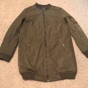 BERSHKA Long Bomber Jacket Olive Green